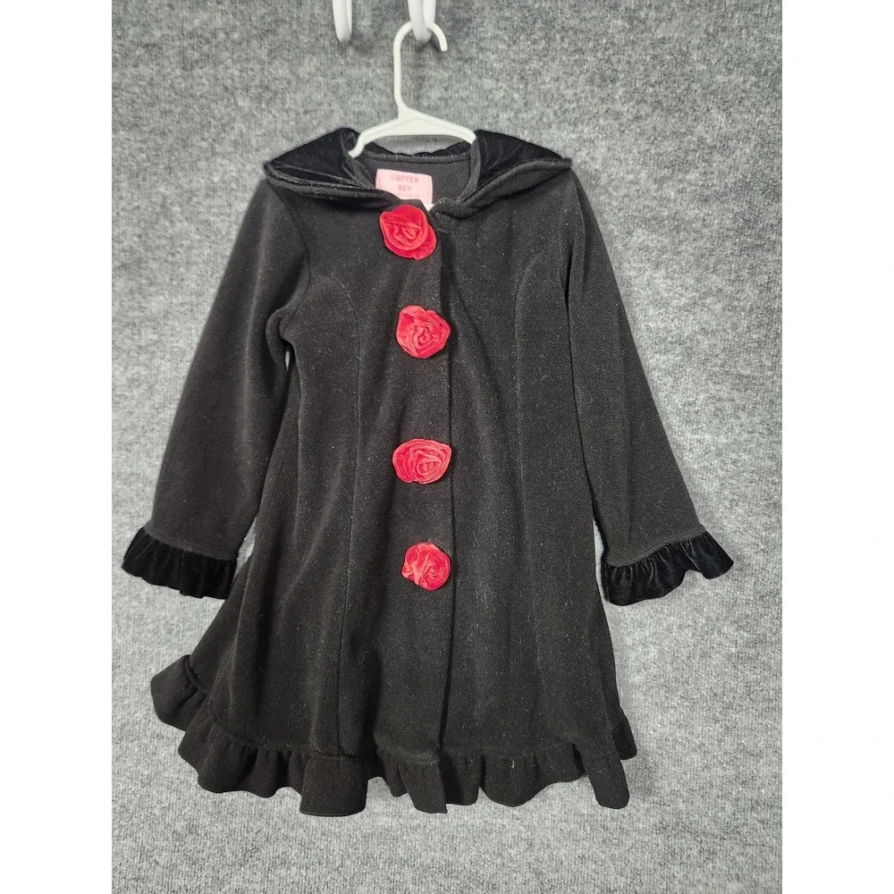 Copper Key Coat Girls 4/5 Black Ruffle Dress Jacket Red Rose Buttons Velvet Trim